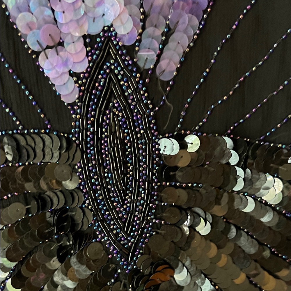 RARE Vintage Shomax Black and Purple Sequin Beaded Butterfly Disco Top Large - Picture 3 of 6